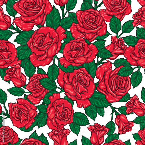 Seamless floral pattern with red roses. Vector background. 