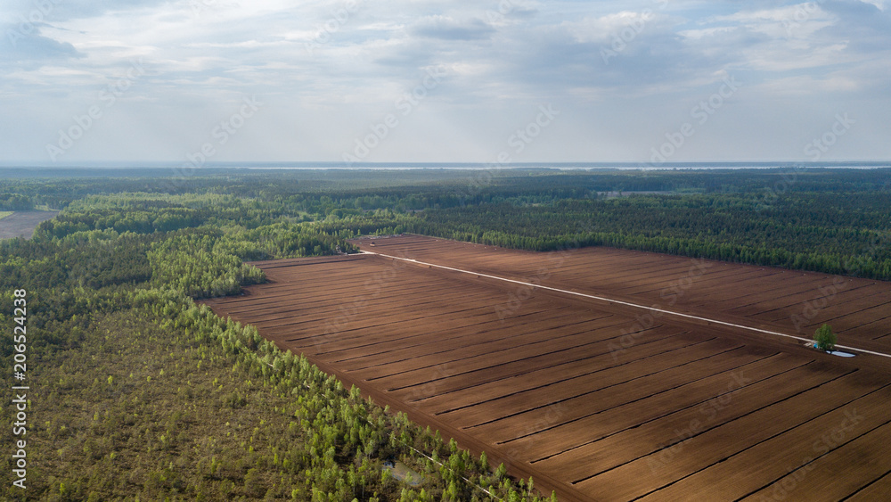 Naklejka premium drone image. aerial view of cultivated turf fields in the swamp