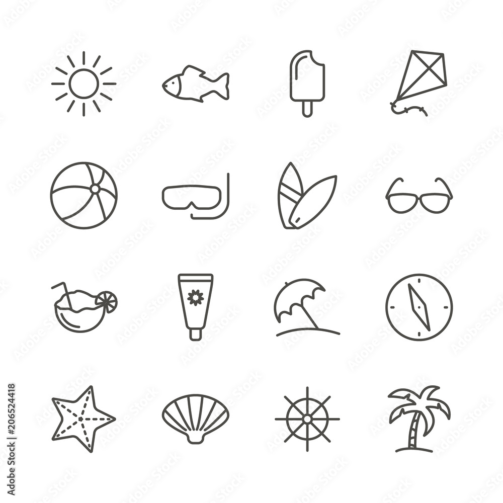 Summer set icon vector. Line recreation collection symbol isolated. Trendy flat outline travel ui sign design. Thin vacation graphic pictograms for web site, mobile app. Logo illustration. Eps10.