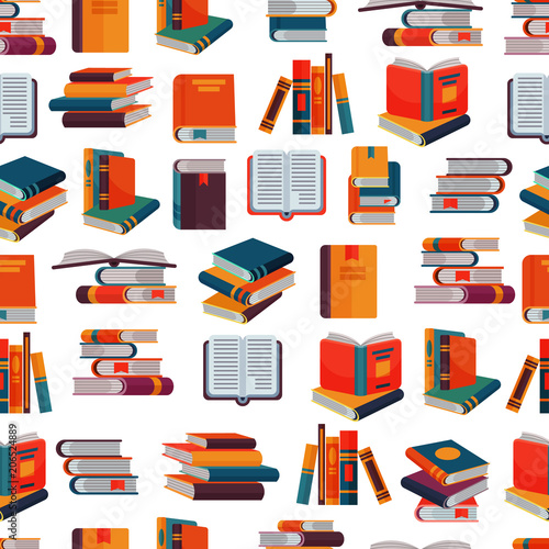 Books vector stack of textbooks and notebooks on bookshelves reading literature in library or bookstore bookish cover illustration set isolated seamless pattern background