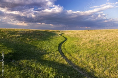 Springtime Prairie Grassland on Nose Hill Natural Park in City of Calgary Alberta at Foothills of Canadian Rocky Mountains photo