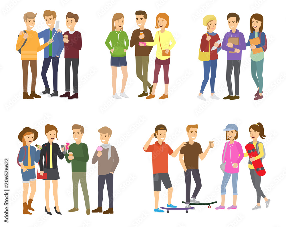 Youth group of teenagers vector grouped teens characters of girls or boys together and young student community friendship illustration set of youthful people isolated on white background
