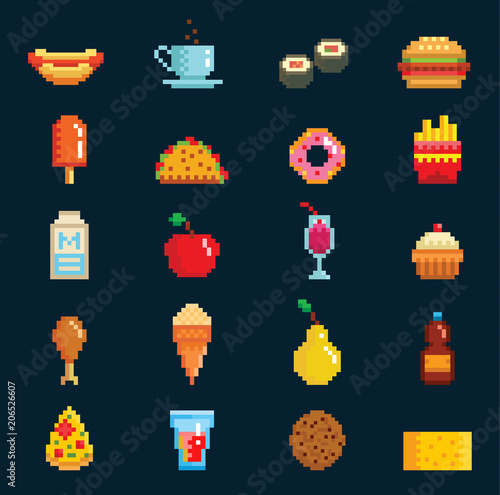 Fototapeta Vector pixelart fast food icons sign computer game design symbol web graphic fastfood cuisine symbols illustration fast restaurant pixelated elements burger, hot dog, pizza and drinks