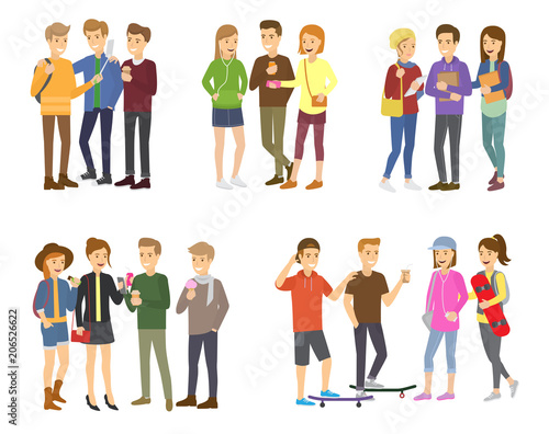 Youth group of teenagers vector grouped teens characters of girls or boys together and young student community friendship illustration set of youthful people isolated on white background