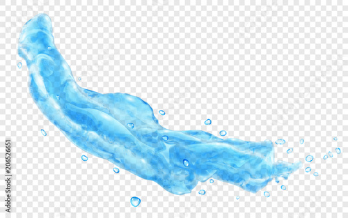 Translucent splash or jet of water with drops in light blue colors, isolated on transparent background. Transparency only in vector file