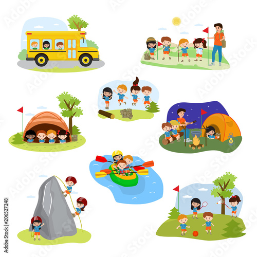Kids camp vector children camper characters and camping activity on summer vacation illustration set of child playing in tent near campfire in campsite isolated on white background