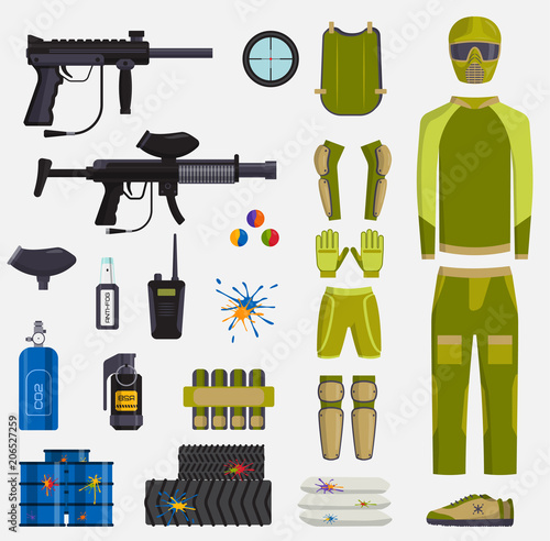 Paintball game vector guns and player body paintball club symbols icons protection uniform and active sport design elements shooting man costume equipment target illustration