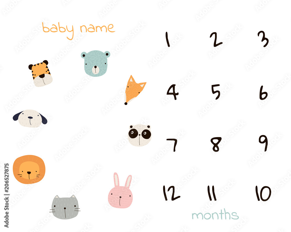 Baby month blanket with numbers and cute animals. Vector hand drawn ...
