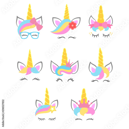 Collection of cute unicorn faces. Unicorn heads. Vector