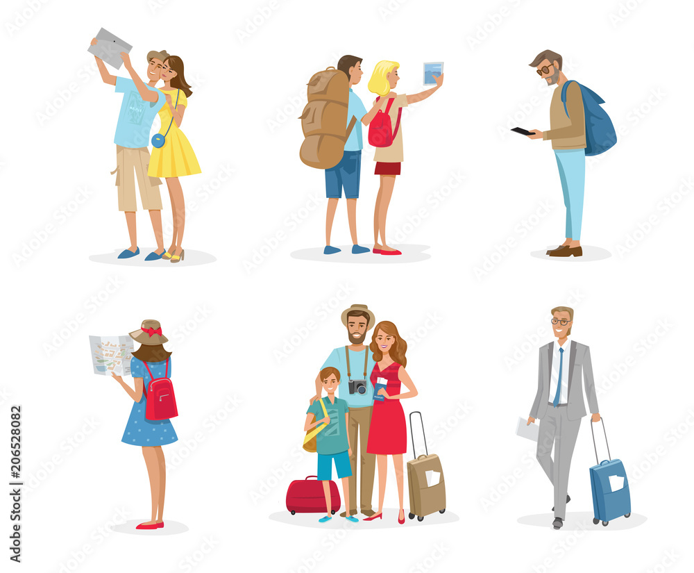 People and family travelling on vacation. Vector colourful illustration isolated on white