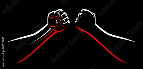 Clenched mma fight bump fists teamplate. Male power martial arts arms isolated on black dark background. Karate, boxing, wrestling fighter square off