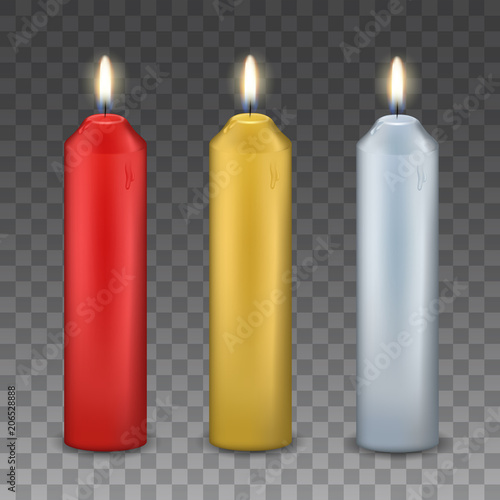 Vector set of three realistic burning candles - red, gold and silver