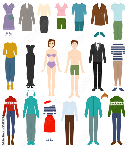 Clothing vector woman or man wearing clothes and female or male fashion accessories illustration set of apparel or garment shopping isolated on white background