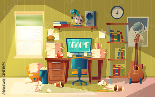 Vector cartoon empty home office in chaos - deadline concept, approaching finishing time. Interior with furniture and mess. Computer, books, garbage with papers for freelance. Freelancing workspace