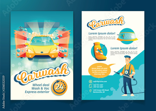 Vector automatic car washing flyer, ad banner of service with cartoon character. Promotion poster of cleaning transport by liquid detergent, brushes and working staff. Advertising of washing business