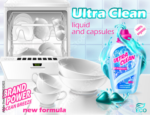 Vector promotion banner of liquid cleaner and capsules for dishwasher. Plastic bottle with detergent gel and clean white cups, bowls, plates. Horizontal background, mockup for brand advertising