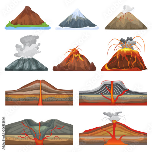 Fototapeta Volcano vector eruption and volcanism or explosion convulsion of nature volcanic