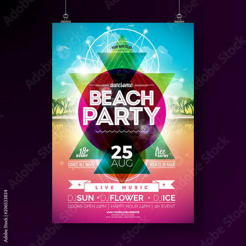 Vector Summer Beach Party Flyer Design with typographic elements and abstract color geometric shape on tropical landsape background. Design template for banner, flyer, invitation, poster.