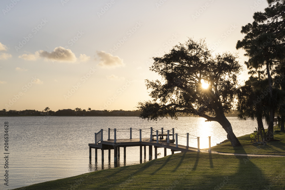 Idyllic Tree and Boat Dock Silhouetted as Sun creeps below Horizon