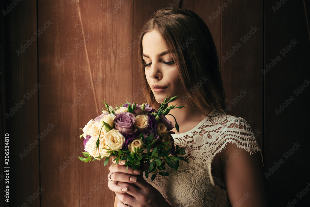 girl holding flowers in hands, young beautiful bride in white dress holding wedding bouquet, bouquet of bride from rose cream spray, rose bush, rose purple Memory Lane, violet eustoma, eucalyptus girl holding flowers in hands, young beautiful bride in white dress holding wedding bouquet, bouquet of bride from rose cream spray, rose bush, rose purple Memory Lane, violet eustoma, eucalyptus