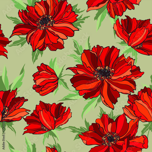 Fototapeta Naklejka Na Ścianę i Meble -  Seamless pattern with poppy, Peonies or roses flowers