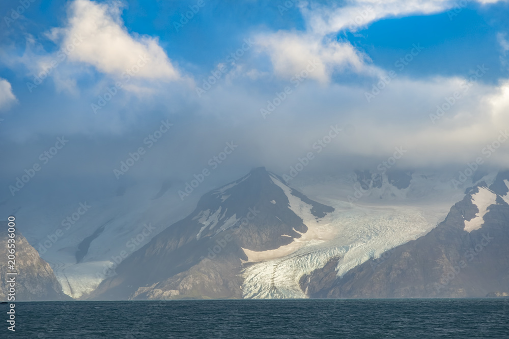 Glacial Covered Mountains in King Haakon Bay, South Georgia Island, Antarctic