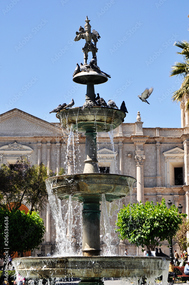 Fountain with pigeons and running water