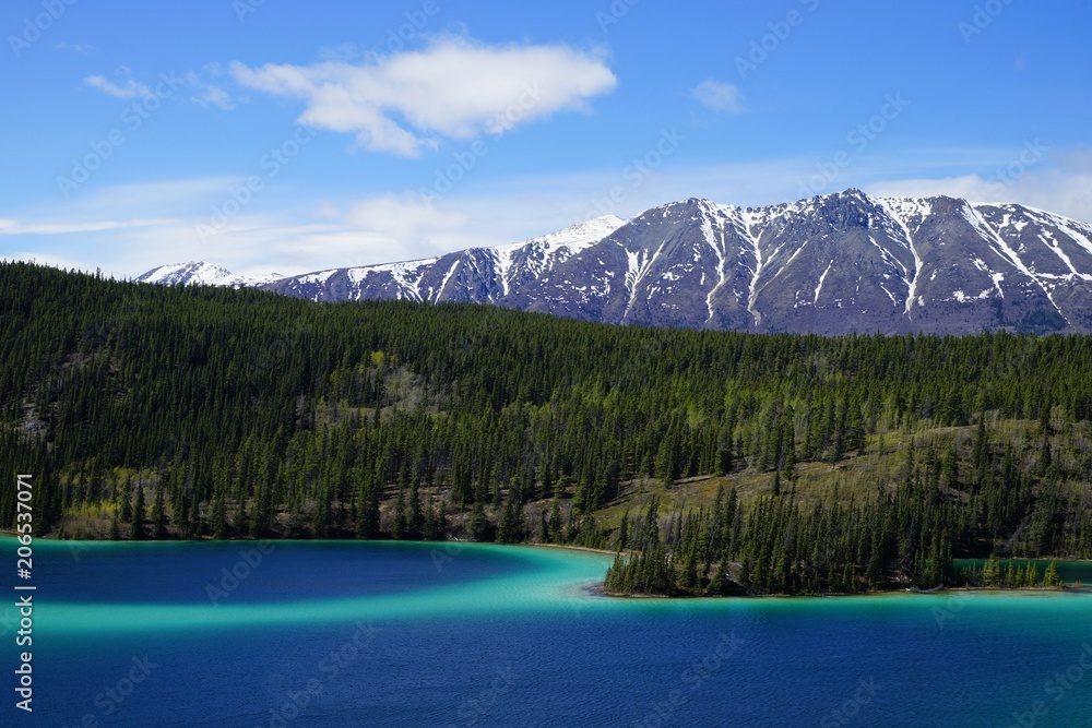 Emerald Lake, Yukon, Canada with mountains and forest on the background