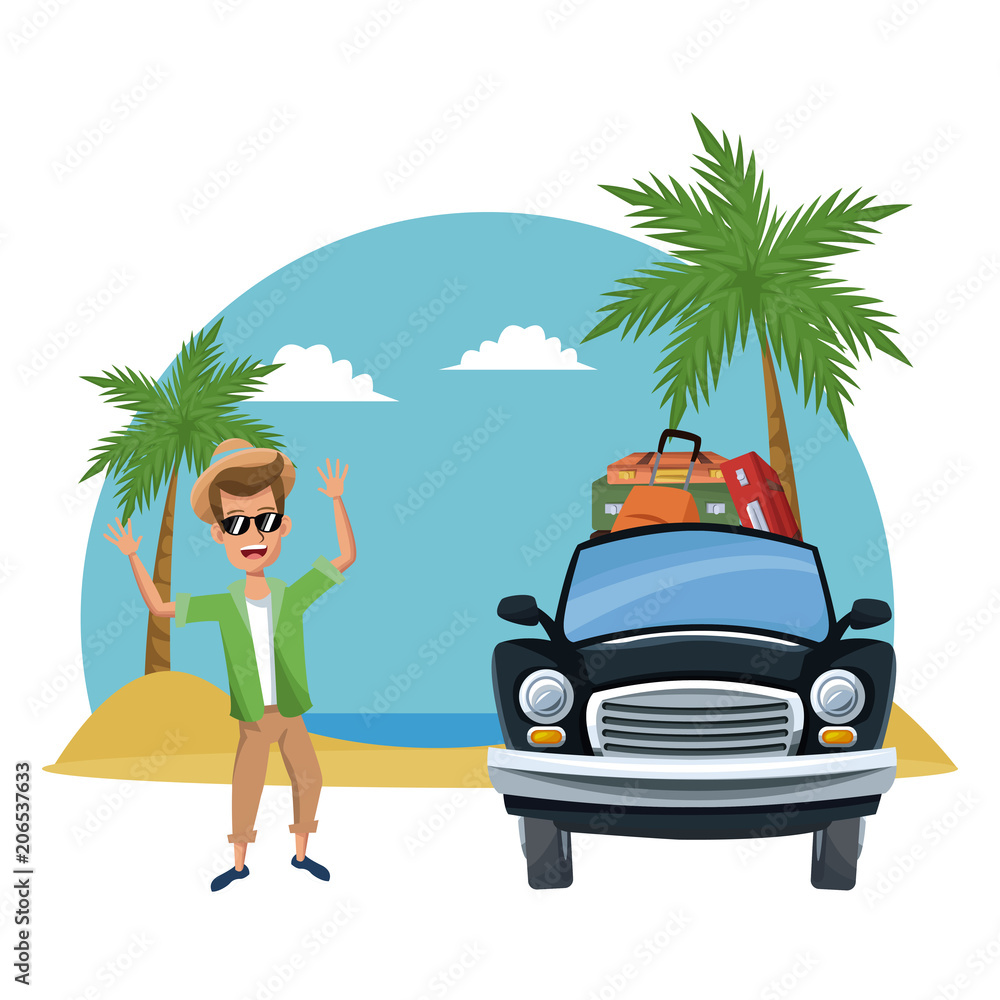 Young man traveling with car cartoons vector illustration graphic design