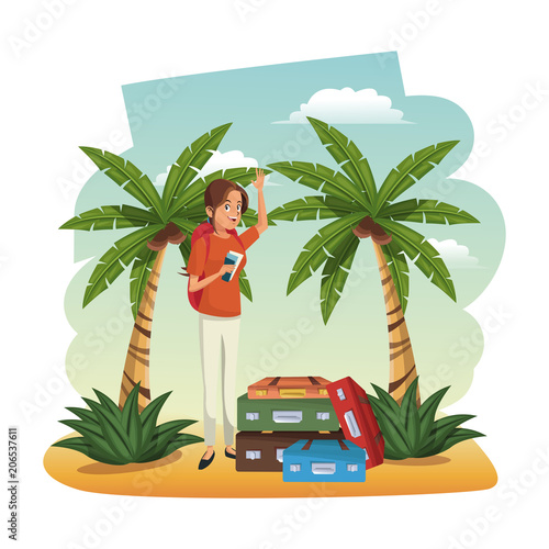 Young woman at beach with lugagge and ticket vector illustration graphic design