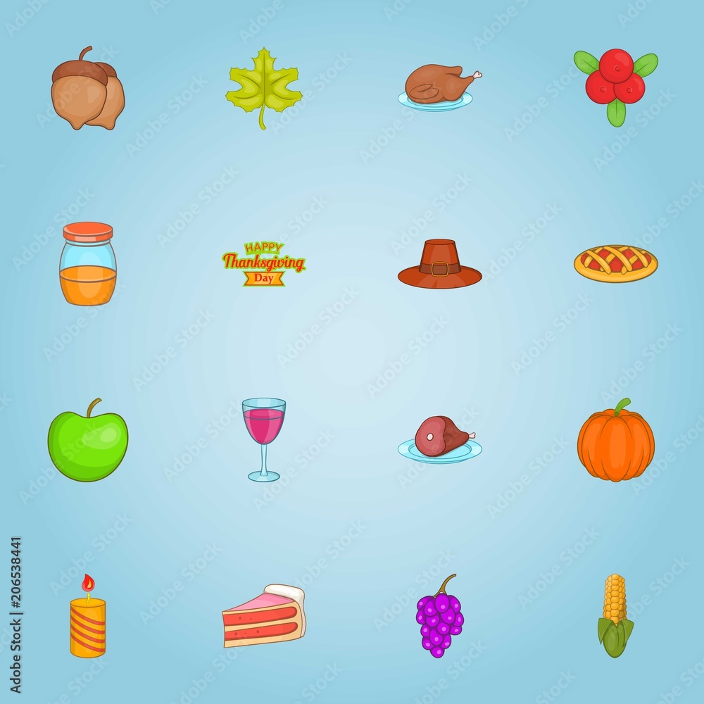 Thanksgiving day icons set. Cartoon illustration of 16 Thanksgiving day vector icons for web