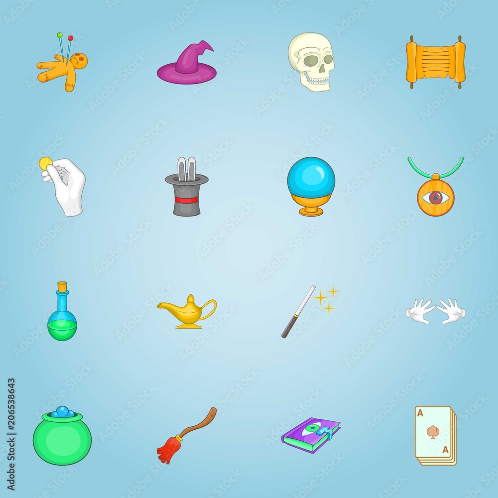 Magic icons set. Cartoon illustration of 16 magic vector icons for web