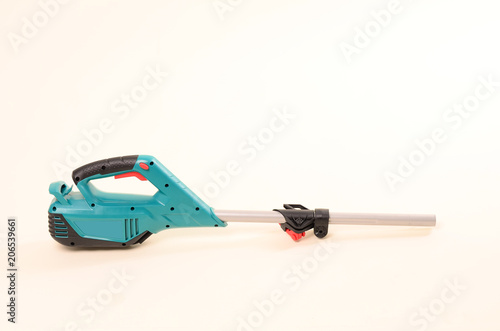 Protective cover on the new weed trimmer, lawn mower, brush cutter, closeup, isolated on white background, clipping path included photo