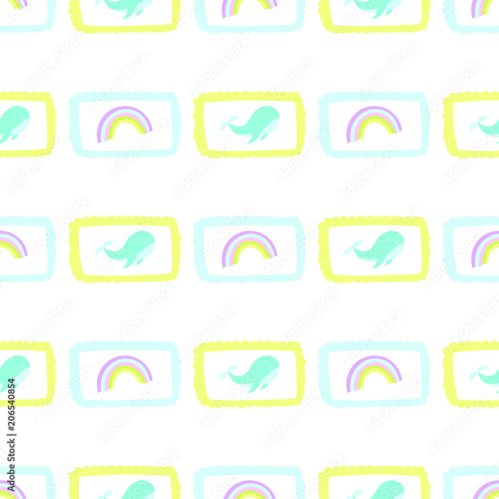 Seamless baby pattern with whale and rainbow. Best Choice for cards, invitations, printing, party packs, blog backgrounds, paper craft, party invitations, digital scrapbooking.