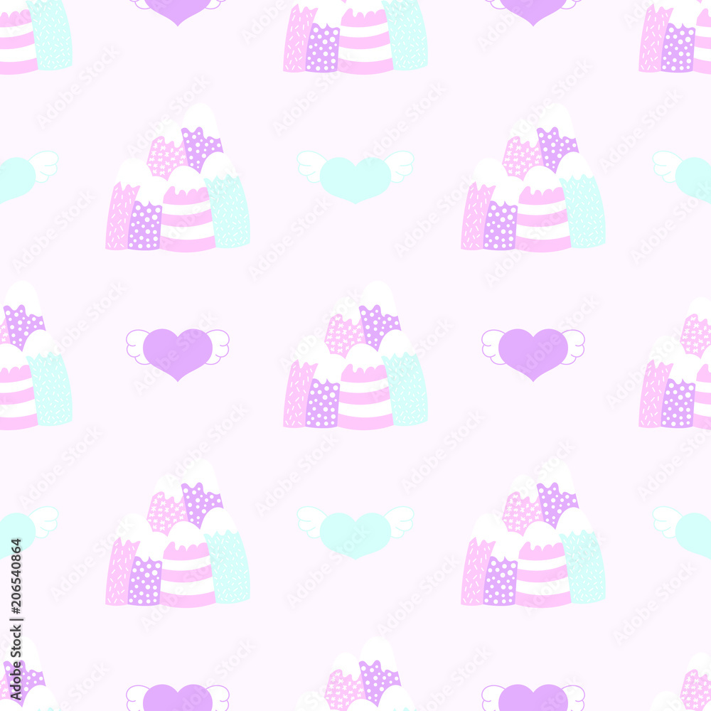 Seamless baby pattern with mountains and hearts. Best Choice for cards, invitations, printing, party packs, blog backgrounds, paper craft, party invitations, digital scrapbooking.