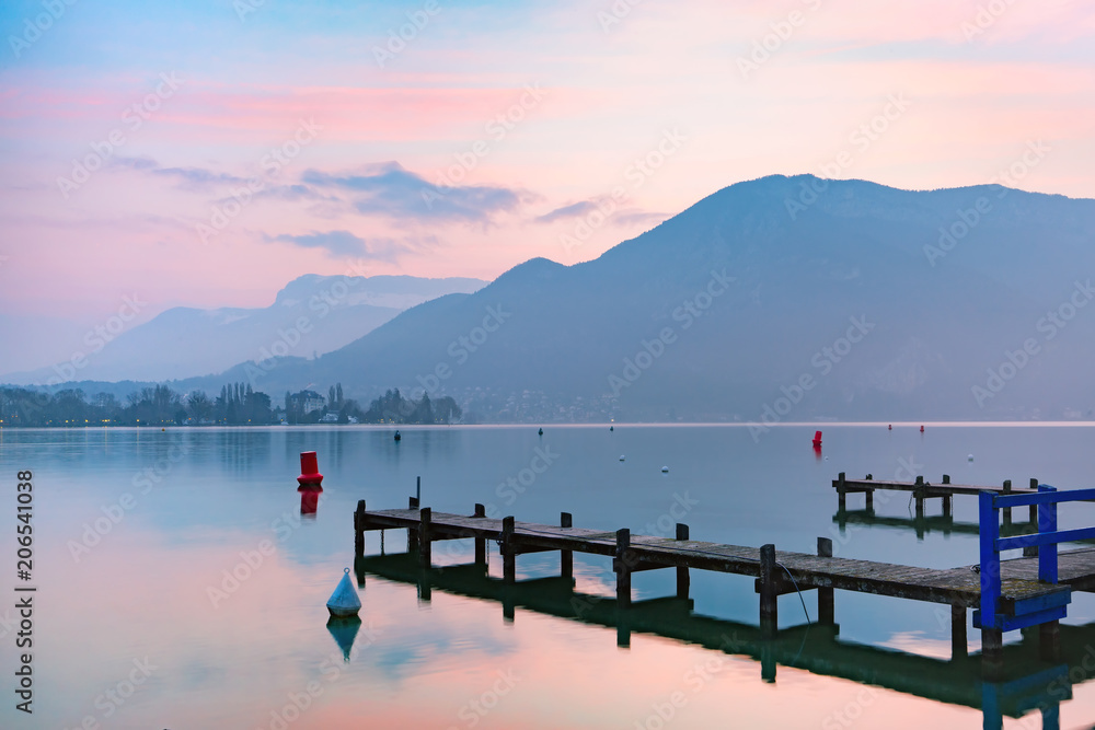 Annecy lake and Alps mountains at sunrise, France, Venice of the Alps, France