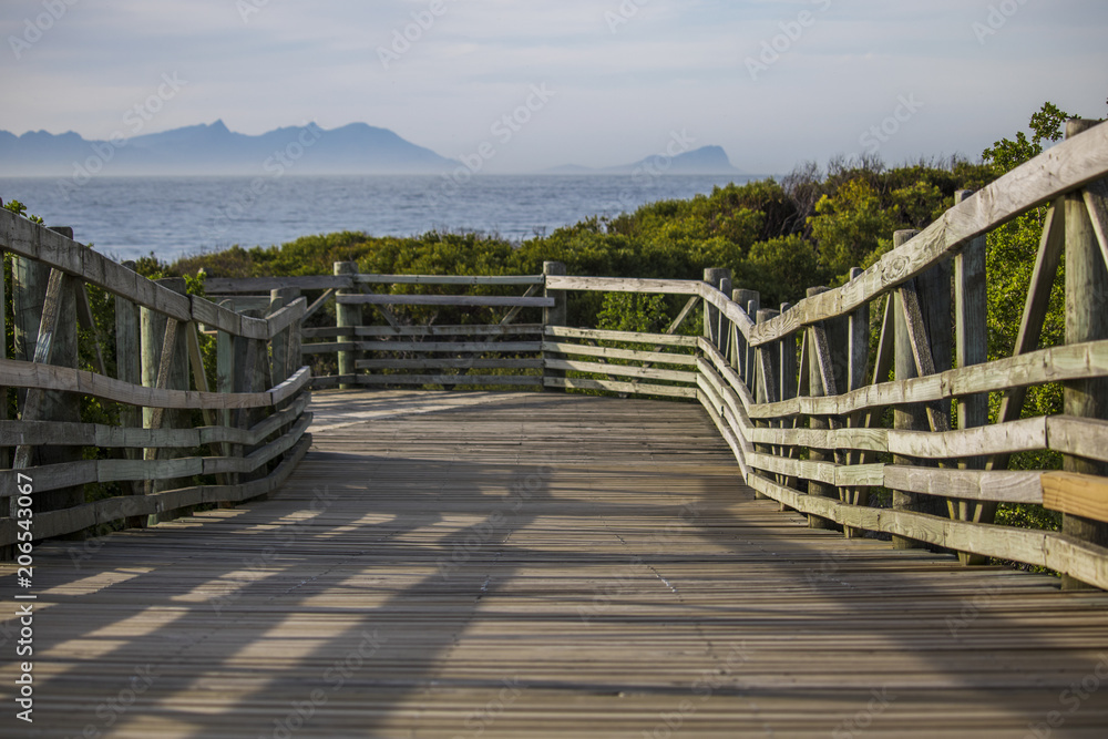 Wooden walkway at Sunrise on Boulders Beach, Simonstown, Cape Town, South Africa.