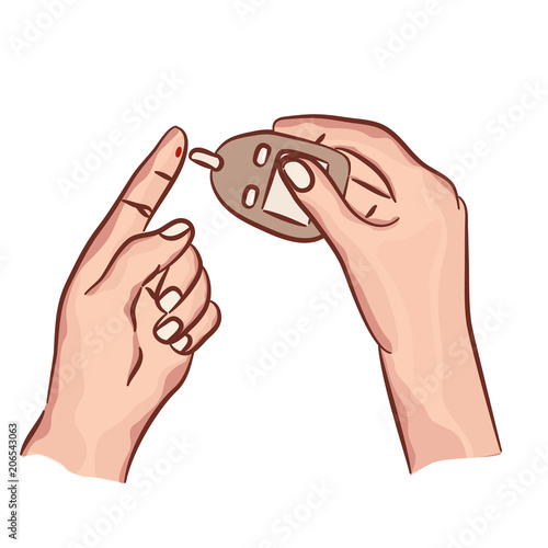 Medicine, Diabetes, Glycemia, Health care and people concept - close up of male finger with blood drop and test stripe to checking blood sugar level by Glucose meter