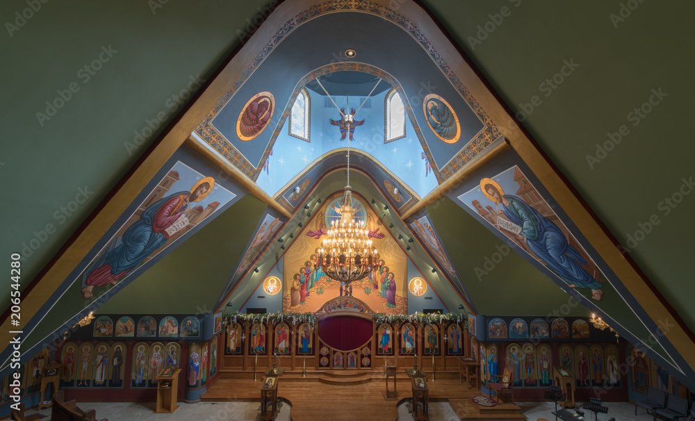Obraz premium Interior of Saints Peter and Paul Antiochian Orthodox Church. Parish of the Antiochian Orthodox Christian Archdiocese of North America in Ben Lomond, California.