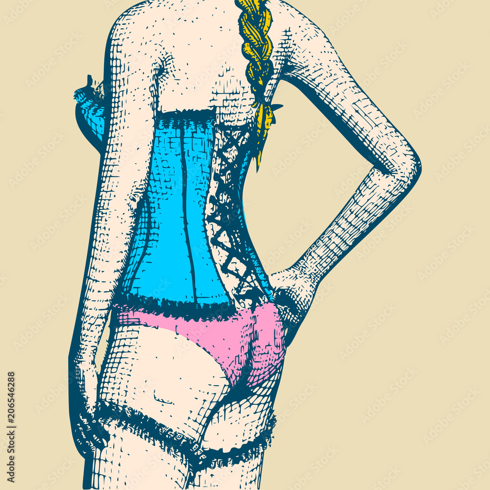 Vecteur Stock Beautiful sexy fitness girl. Pretty woman wearing lingerie.  Side view. Vintage engraved illustration | Adobe Stock