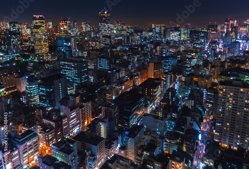 Photography Aerial view of the cityscape of Minato, Tokyo, Japan at night