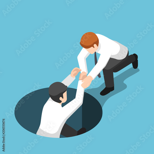 Isometric businessman help his friend climb up from the hole