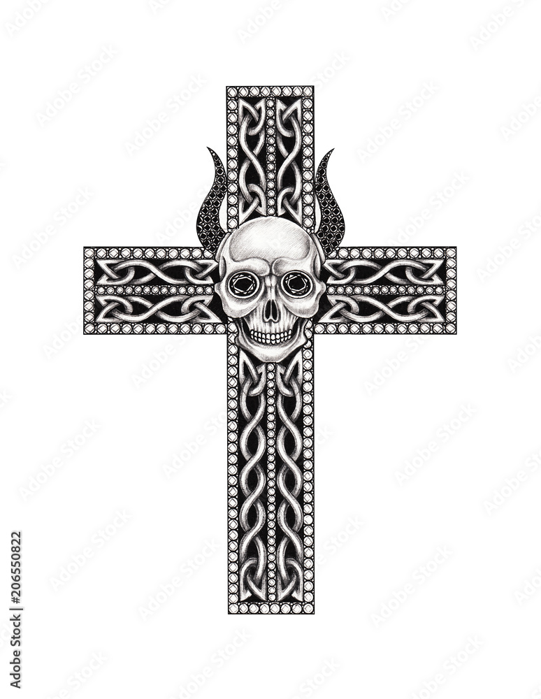 Art Devil Skull Cross Tattoo. Hand drawing on paper. Illustration Stock |  Adobe Stock