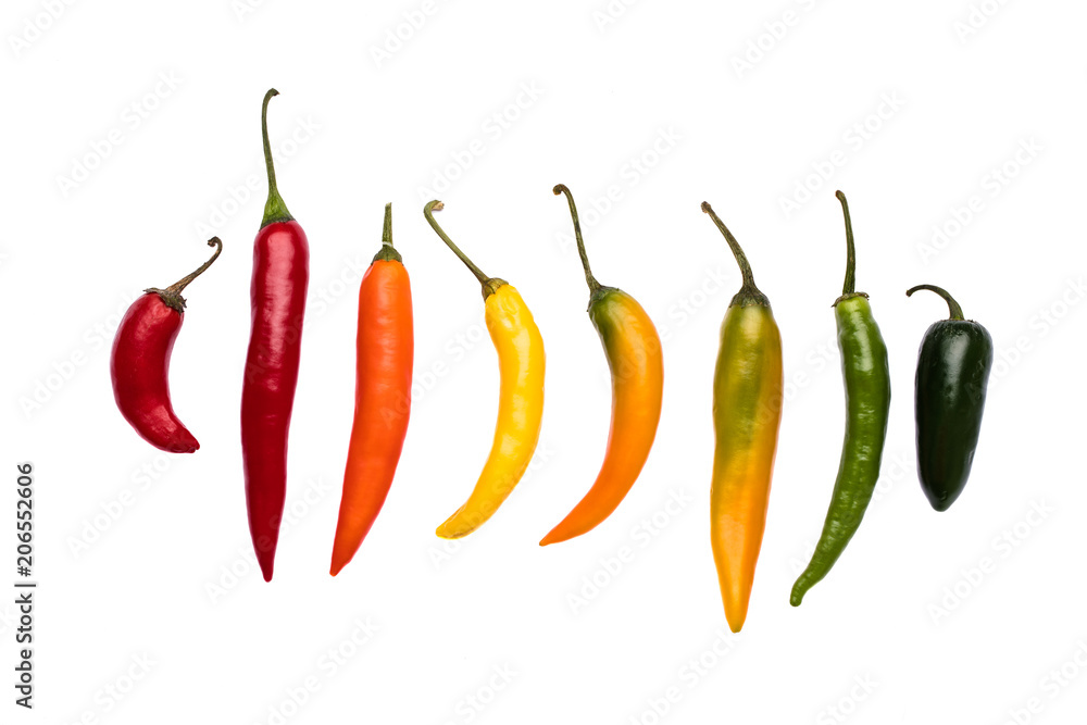 A variety of organic chilies in a row A variety of organic chilies in a row