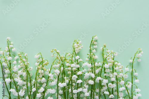 Romantic gentle flower background, lily of the valley on a mint color  background, top view, flat layout. 