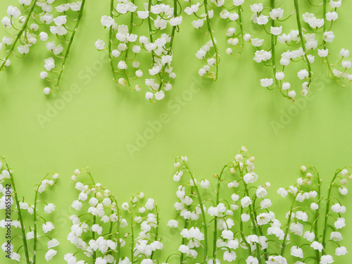 Romantic gentle flower background, lily of the valley on a green background, top view, flat layout. 