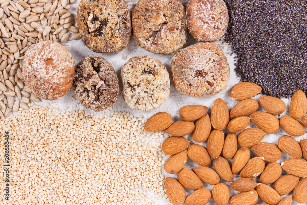 Natural food containing calcium, minerals and dietary fiber, healthy nutrition concept Natural food containing calcium, minerals and dietary fiber, healthy nutrition concept
