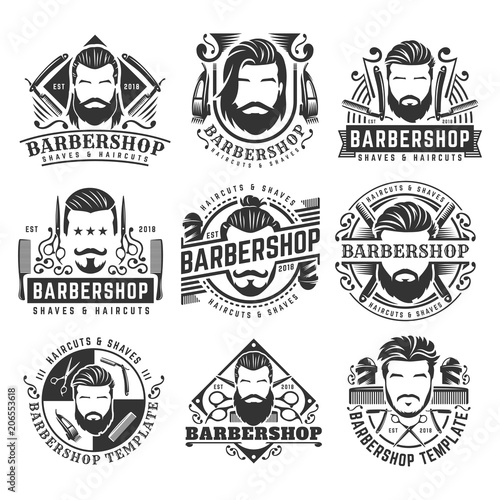 12 set of vintage Barbershop logo template collection, retro style pack, with bearded man and barber tools