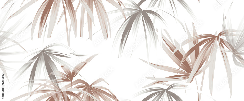 Fototapeta premium Tropikalnej rośliny bezszwowy wzór, różany złoto i biała palma opuszcza na białym tle