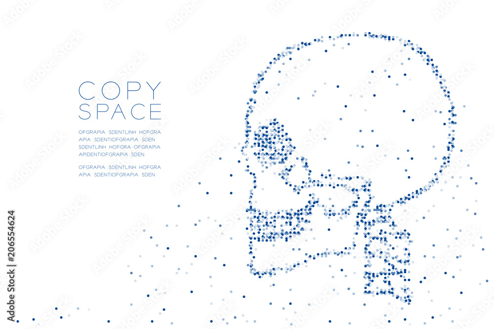 Abstract Geometric Circle dot pixel pattern Skull side view shape, medical science concept design blue color illustration on white background with copy space, vector eps 10 Abstract Geometric Circle dot pixel pattern Skull side view shape, medical science concept design blue color illustration on white background with copy space, vector eps 10